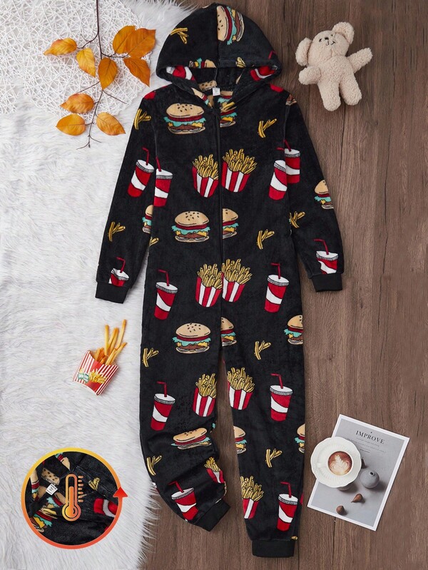 Teenager Jungen Hamburger, Pommes und Limonade Grafik Plüsch Kapuzen Langarm Jumpsuit, weiches Plüschgewebe, lässige Streetwear und Loungewear für Winterferien