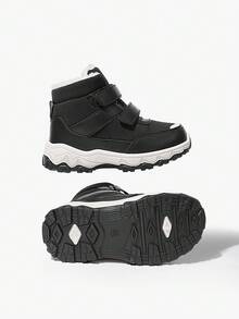 JNSQ 1 Paar Jungen Schwarze Klettverschluss Flache Lässig Bequeme Warme Fleece Schneestiefel, geeignet für winterliche Outdoor-Aktivitäten im Alltag