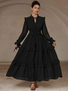 Aveloria Rosie Váy dài tay nữ có bèo nhún, thiết kế buộc eo và cổ, thanh lịch cho mùa xuân/hè - màu đen - Xem 6