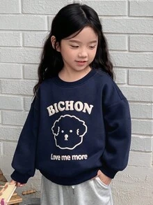 DAZY Young Girls Knitted Thermal Lined Crew Neck Printed Long Sleeve Sweatshirt, Fall - Navy Blue - View 3