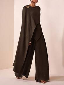 Zivah 2025年新款早秋 秋冬休闲度假 日常约会 海滩度假 生日派对 小型派对 网红爆款 悠闲风 圆领 斜下摆 长袖 喇叭袖口 拼布装饰 金属扣装饰 宽松长款上衣+阔腿裤 超长裤 侧口袋 棕色纹理面料 女士两件套-A - 棕色 - 查看 5