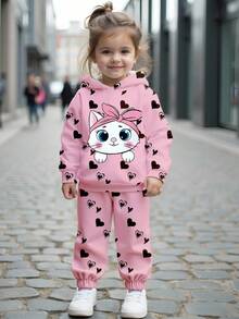 Sparklyn 2pcs/Set Girls Casual Fashionable Creative Heart & Cute Cat Graphic Print Hoodie Sweatshirt And Sweatpants Set, Suitable For Autumn/Winter Fall - Multicolor - View 3