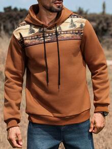 Manfinity Nomadique Men Western Mountain Print Patchwork Hoodie, Fall