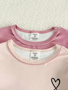 SHEIN Vintaside Kids 女童简约优雅长袖上衣和裤子舒适睡衣套装 - 彩色 - 查看 6