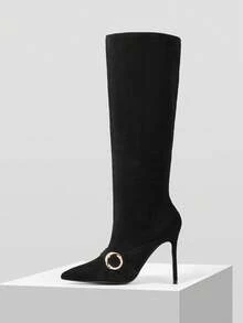 MOTF WOMEN'S FASHION METAL BUCKLE POINTED TOE STILETTO KNEE-HIGH BOOTS, SUITABLE FOR DATES AND PARTIES - Black - View 2