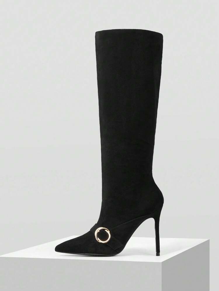 WOMEN'S FASHION METAL BUCKLE POINTED TOE STILETTO KNEE-HIGH BOOTS, SUITABLE FOR DATES AND PARTIES