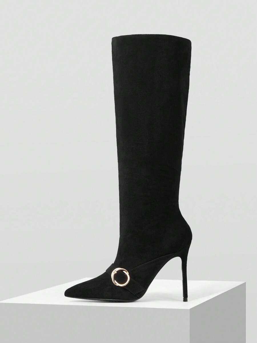 MOTF WOMEN'S FASHION METAL BUCKLE POINTED TOE STILETTO KNEE-HIGH BOOTS, SUITABLE FOR DATES AND PARTIES - Black - View 2