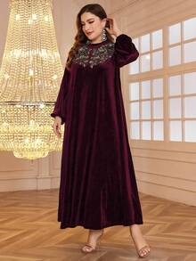 Al Najma 加大码休闲天鹅绒贴布长袖宽松阿拉伯连衣裙，适合秋冬季，优雅端庄的束腰阿拉伯连衣裙，适合晚会/婚礼嘉宾/周年纪念