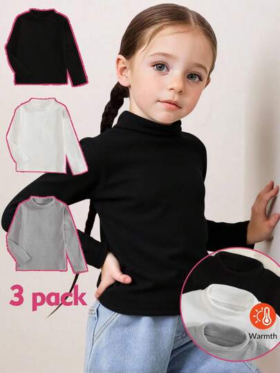 SHEIN 女童纯色高领长袖休闲T恤