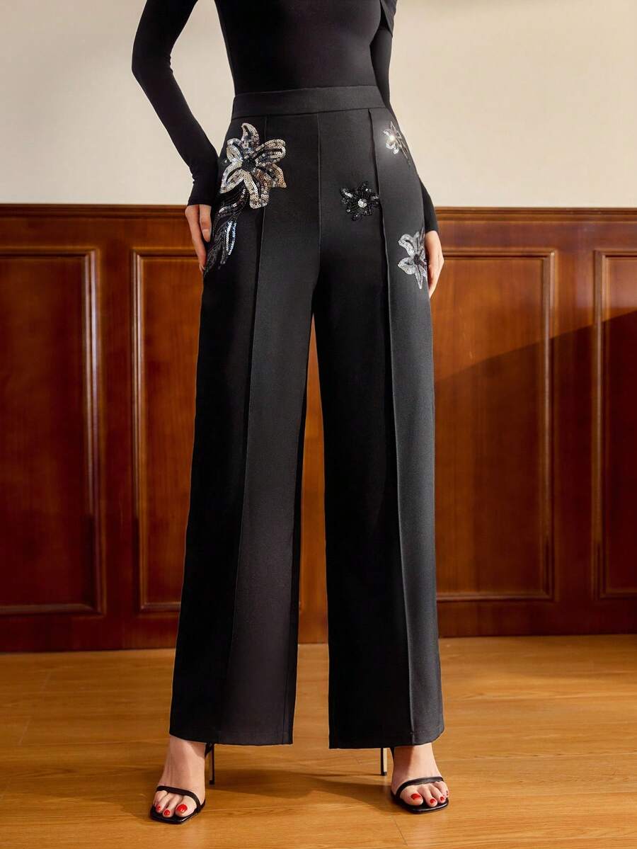 Vintamour Vintage Elegant Party Women's Pants With Pockets Beaded Embroidery Casual Wear Work Travel Holiday High Waist Pants Palazzo Pants Women Elegant Pants For Women Sequin Pants Black Palazzo Pants Fall For Women Winter Christmas Autumn For Women Christmas For Women Thanksgiving For Women Party - Black - View 1
