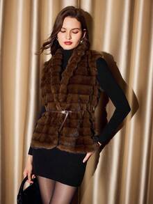 Vintamour Chaqueta de fiesta elegante y vintage de mujer con piel sintética, chaleco de piel sintética esponjoso con cuello ajustado para otoño/invierno