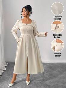 Elenzga Beige,Autumn,Elegant,Tea Party Plus Size Textured Square Neck Long Sleeves With Exquisite Buttons Women's A-Line Ruched Split Hem Graduation Dress - Apricot - View 1
