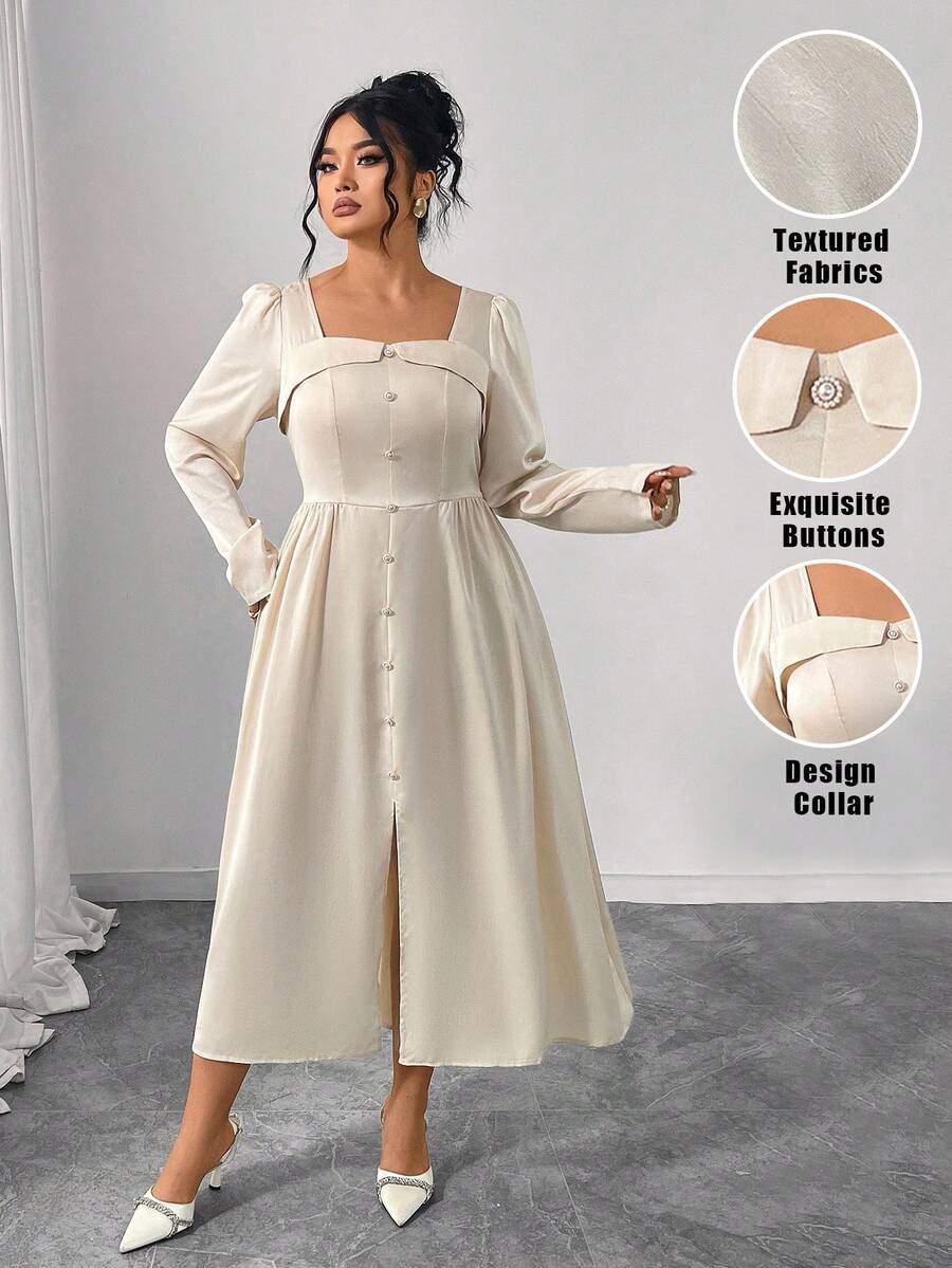 Elenzga Beige,Autumn,Elegant,Tea Party Plus Size Textured Square Neck Long Sleeves With Exquisite Buttons Women's A-Line Ruched Split Hem Graduation Dress - Apricot - View 1