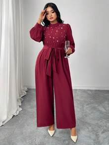 SHEIN Elenzya Plus Size Pearl Decor Long Sleeve Tie Waist Bow Collar Blouse & Wide Leg Jumpsuit, Comfortable Jumpsuit, Asymmetric Sleeveless Jumpsuit, Suitable For Spring, Summer, Autumn, Winter, Women Concert Outfit, Elegant, Evening Gown, Suitable For Daily, Commute, Wedding Season