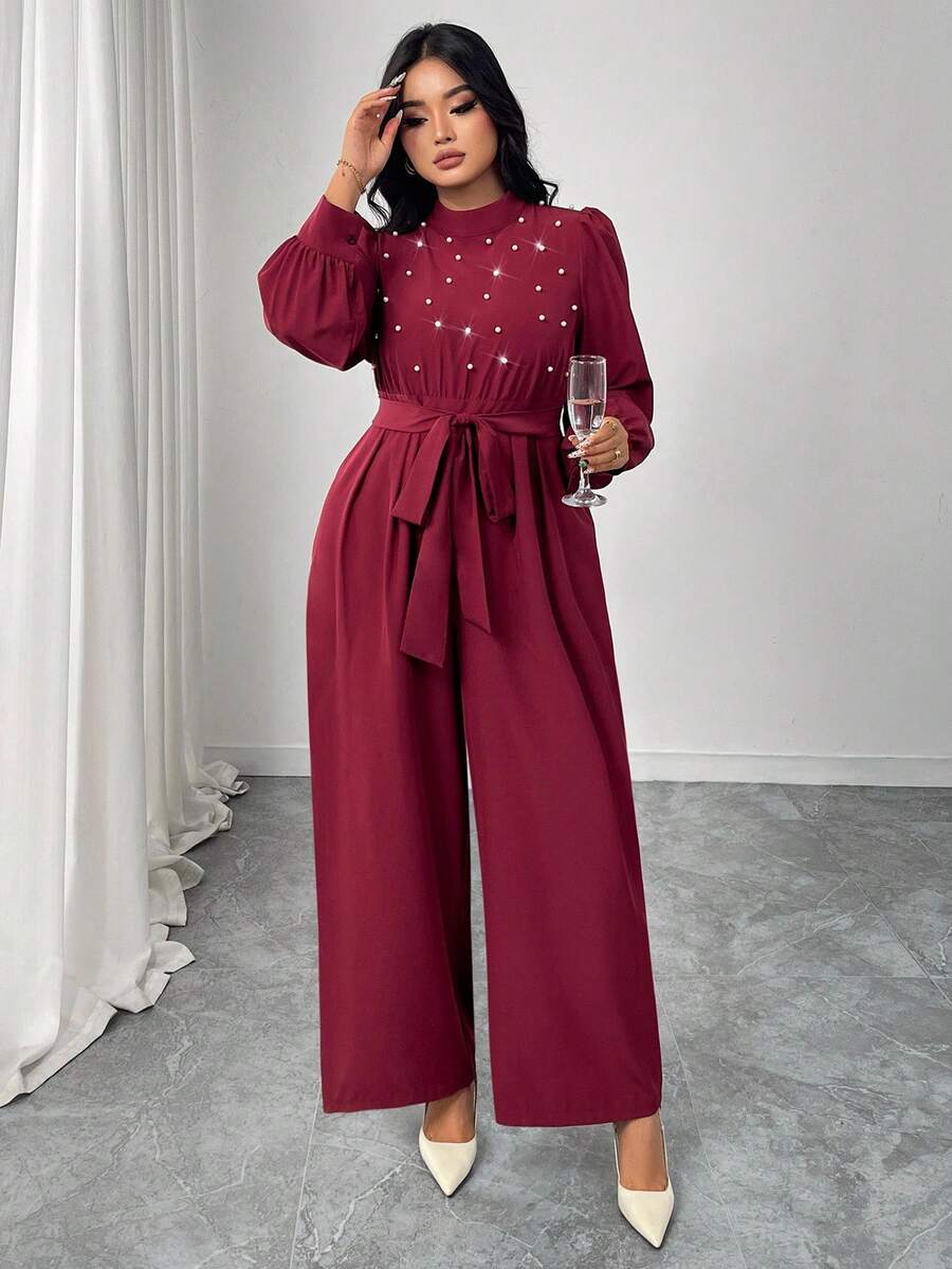 SHEIN Elenzya Plus Size Pearl Decor Long Sleeve Tie Waist Bow Collar Blouse & Wide Leg Jumpsuit, Comfortable Jumpsuit, Asymmetric Sleeveless Jumpsuit, Suitable For Spring, Summer, Autumn, Winter, Women Concert Outfit, Elegant, Evening Gown, Suitable For Daily, Commute, Wedding Season