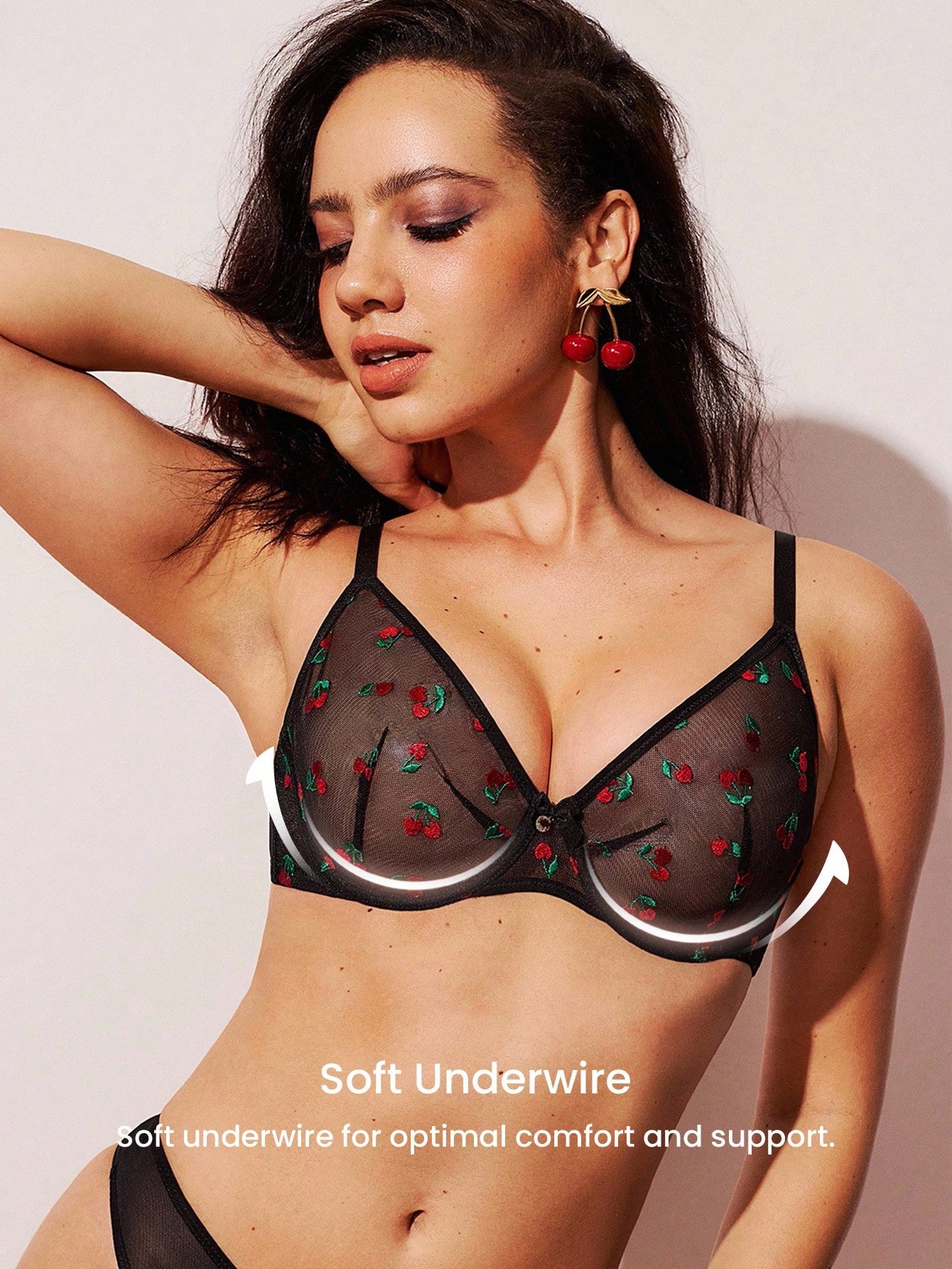 Lencería sexy de malla negra transparente con diseño de flores y cerezas para Navidad y Año Nuevo, sujetador minimizador sin relleno
