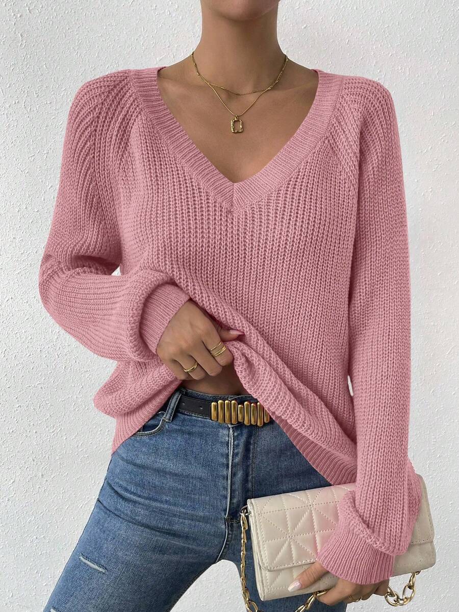 SHEIN LUNE Women's Casual Everyday Commute Simple Solid V-Neck Raglan Sleeve Ribbed Knit Pullover Sweater, Autumn/Winter - Pink - View 1