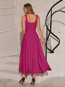 EURMUSE Women's Solid Color Sleeveless Waist Cinched Long Dress - Hot Pink - View 2