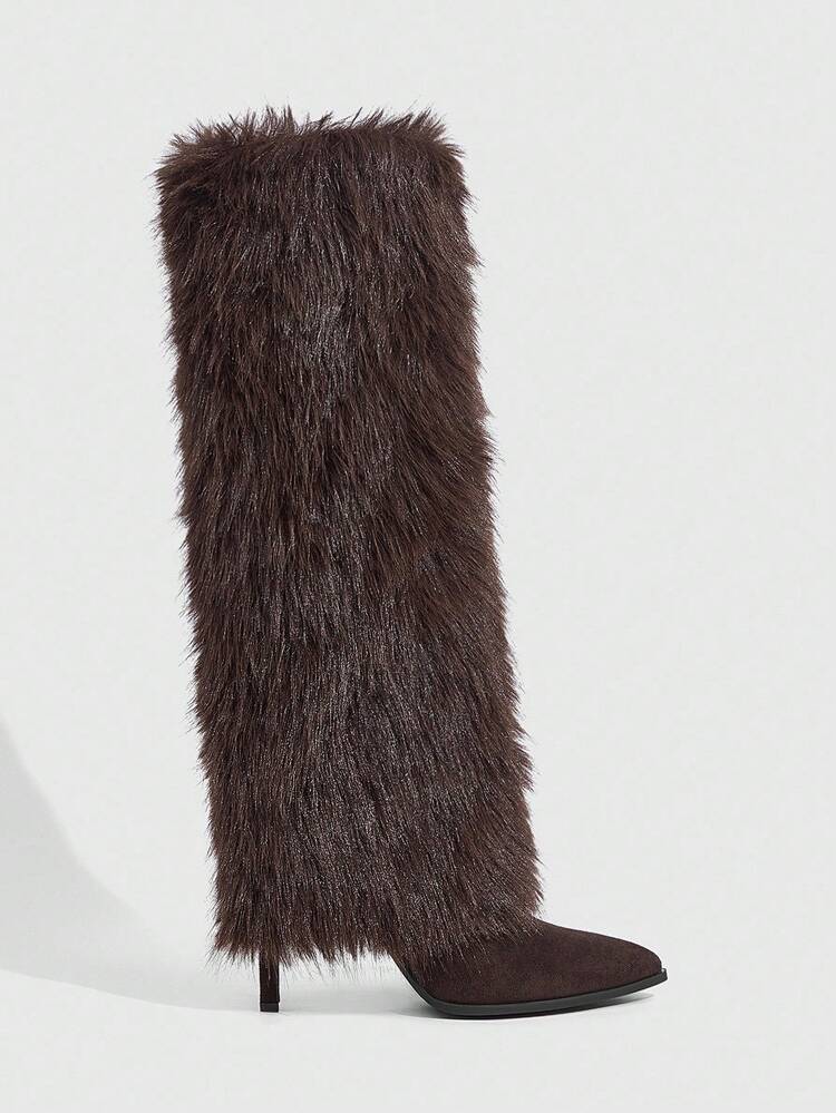 Pointed Toe Stiletto Fur Boots With Suede Base