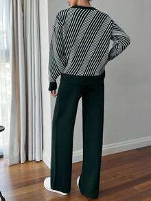 EURMUSE Women Balloon Sleeve Black And White Sweater Co-Ords Set - Dark Green - View 2