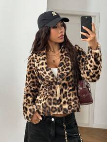 StreetHx Retro Chic Leopard Print Lapel Casual Short Faux Fur Jacket - Multicolor - View 1