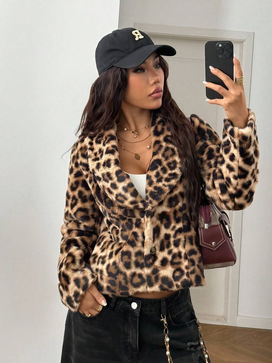 StreetHx Retro Chic Leopard Print Lapel Casual Short Faux Fur Jacket - Multicolor - View 1
