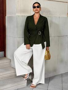 Easura Fashionable Casual Cinched Waist Elegant Commuter Asymmetric Golden Button Blazer - Army Green - View 5