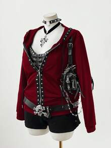 Sunspun Plus Size Fashionable Dark Punk Style Rivet Decor Hooded Long Sleeve Sweatshirt Jacket - Burgundy - View 3