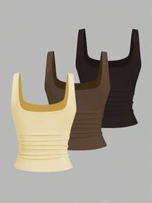 Sweetra Áo ba lỗ cổ tròn xếp ly thường ngày cho nữ, mùa hè - Nhiều màu - Xem 2