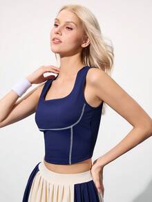 SHEIN Sports Square Neck Stitching Tight Fit Women Sports Bra - Navy Blue - View 8