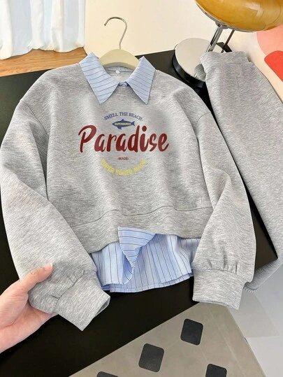 Resyla 全新字母印花条纹Polo领长袖二合一女式运动衫