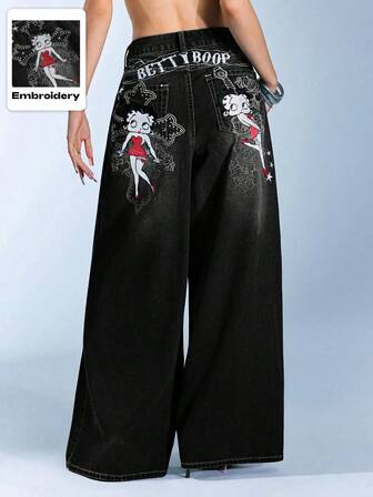 Betty Boop | ROMWE Jeans rectos extra largos con lavado desgastado, figura bordada de cruz gótica y rosa enredadera, estilo Y2K