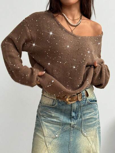 StreetHx Maglione oversize da donna in stile streetwear, vestibilità ampia, colore unito, decorato con paillettes, scollo a U, maniche lunghe, adatto per l'autunno/inverno