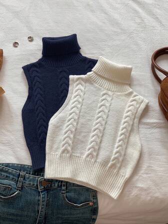 Comfortcana 2pcs Women's Autumn/Winter Cable Pattern Turtleneck Sleeveless Knit Top Set, 2 Colors Sweater Vest For Women High Neck Tops Knit Tops Turtle Neck Women Sweater Top,Cozy Fall And Winter Clothes For Women