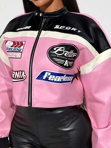 Radiana Women's Letter Print Color Block Short PU Leather Jacket, Motorcycle/Racing/Pilot Jacket, Versatile Outerwear For Autumn/Winter Jacket Y2k Baddie Outfit Jacket Women Racing Jacket Y2k Jacket Racer Jacket Pink Jacket Cropped Jacket