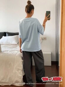 TOM AND JERRY X DAZY 卡通印花短袖 T 恤上衣搭配纯色宽松直筒睡裤 2 件套睡衣套装 - 霧霾藍 - 查看 2