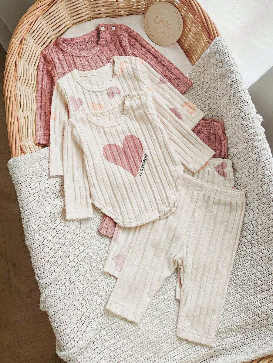 SHEIN 6pcs/Set Baby Girls Autumn New 2025 Newborn Outfit, Heart Print & Solid Color Round Neck Long Sleeve Top With Snap Shoulder, Casual Long Pants, 3 Cute & Simple Fashion Suits - Multicolor - View 1