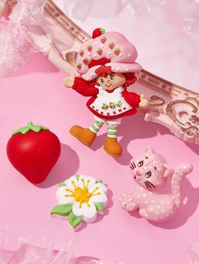 Strawberry Shortcake X SHEIN 4 Pcs  Strawberry Doll, Cat, Flower, Strawberry Refrigerator Magnet, Cute Decoration, Suitable For Kitchen, Office