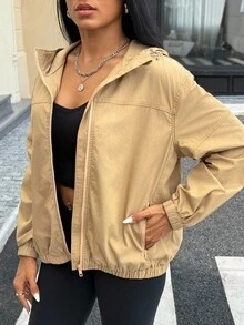 Chaqueta vaquera con capucha de unicolor casual para mujer - Caqui - Ver 3