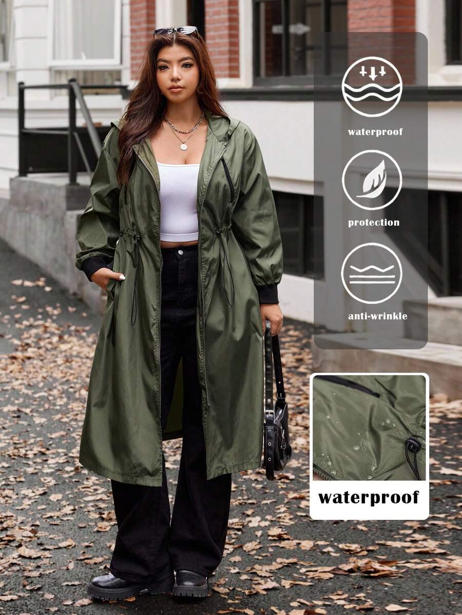 Vionelle Áo khoác dài qua đầu gối có mũ trùm đầu cỡ lớn, thắt eo, màu xanh ô liu, áo khoác nữ cỡ lớn, áo khoác nữ màu xanh lá cây, áo khoác mưa có mũ trùm đầu cho nữ, áo khoác nữ thời trang đường phố - xanh quân đội - Xem 1