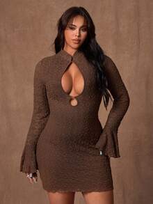 Rustia Vestido ajustado con mangas acampanadas y cuello chino calado para mujer de talla grande, adecuado para salidas, fiestas y banquetes