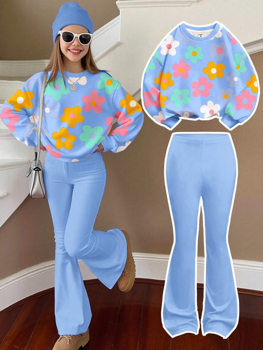 SHEIN Leap Crew 柔和蓝色，可爱甜美的多巴胺花朵图案，少女休闲宽松圆领卫衣和喇叭裤套装，适合秋冬季节，秋季穿搭，轻松舒适，适合儿童秋季叠穿，时尚童装，休闲服饰，儿童图案服装，返校季，秋季服装 - 白色 - 查看 1