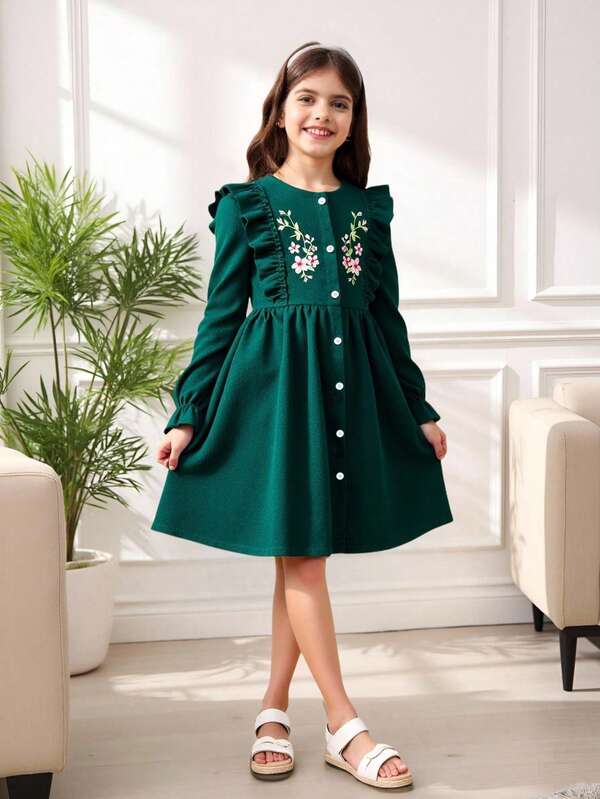 SHEIN Tween Girl Floral Embroidered Corduroy Dress With Ruffle Hem,