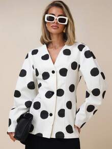 COSMINA 女士优雅大圆点深V领通勤衬衫，适合初秋办公室穿着 - 黑與白 - 查看 3