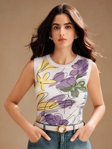 Anewsta Women's Elegant Modern Sleeveless Floral Print Tank Top, Suitable For Spring/Summer, Festival, Graduation - White - View 3
