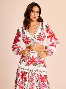 CAJUNI Women's Vacation Colorful Floral V-Neck Front Drawstring Long Sleeve Cropped Print Shirt Blouse - Multicolor - View 1