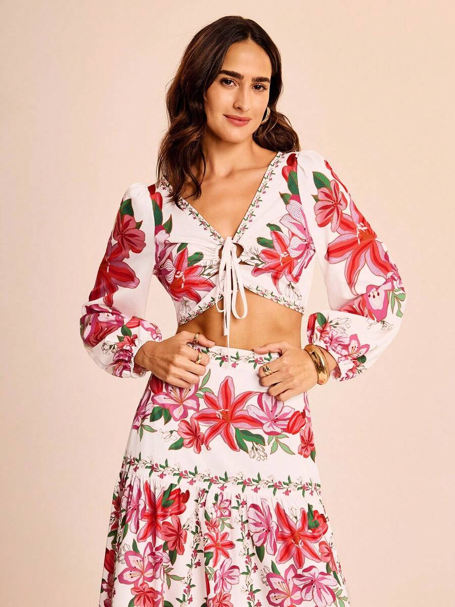 CAJUNI Women's Vacation Colorful Floral V-Neck Front Drawstring Long Sleeve Cropped Print Shirt Blouse - Multicolor - View 1