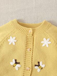 SHEIN Baby Girls Cardigans Knitted Long Sleeve Open Front Sweater, Suitable For Autumn/Winter, Light Yellow, Versatile For Daily Wear, Hand-Embroidered Design, Stylish And Elegant, Suitable For Daily, Home, Outdoor, Travel, And School Fall - Yellow - View 7