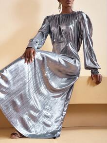 Zivah 新款秋冬优雅派对日常约会生日派对性感高端派对夜店风婚礼季嘉宾礼服音乐节狂欢季婚礼嘉宾礼服新娘礼服圆领泡泡袖灯笼袖长袖A字裙长裙银色褶皱面料闪亮针织面料女士长裙-A - 銀色 - 查看 10