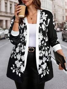 SHEIN Clasi Damen Große Größen Blume Muster Langarm Offene Vorderseite Lässige Mode Jacke, Herbst - Schwarz und Weiss - Übersicht 1